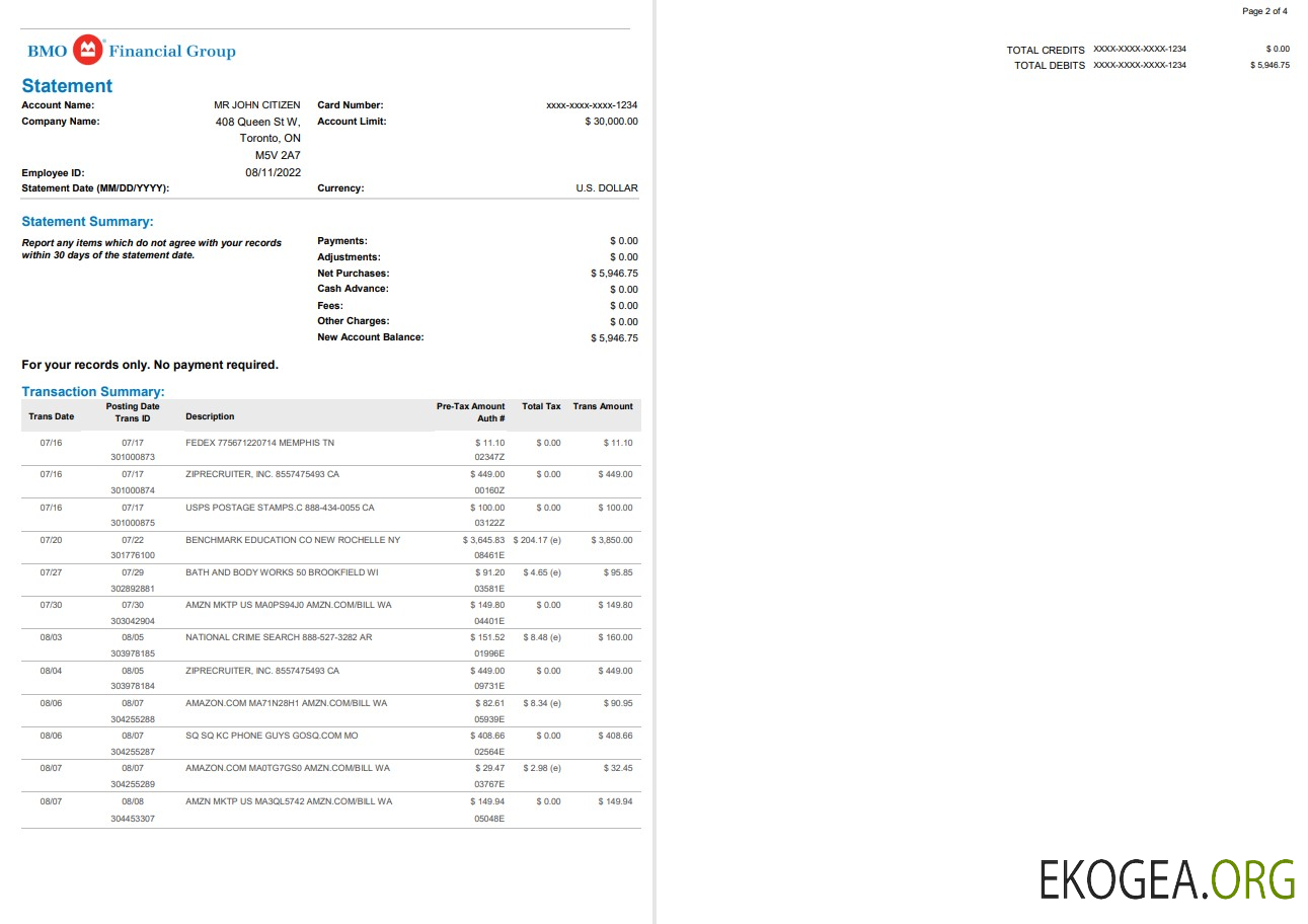 Relevé bancaire BMO USA, modèle Word et PDF, 4 pages